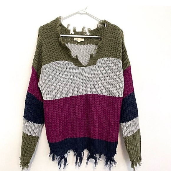 EE:SOME Olive Green Gray Purple Colorblock Striped Chunky Distressed - Picture 1 of 12